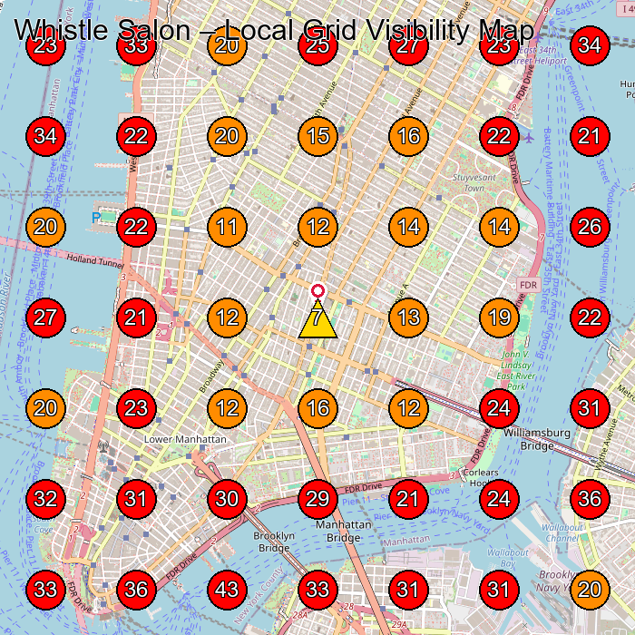 Whistle Salon GeoGrid visibility map for Hair Salon in New York